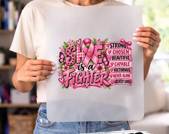 She Is A Fighter DTF Transfer, Pink Ribbon Breast Cancer Awareness Print, Floral Butterfly Iron On Design