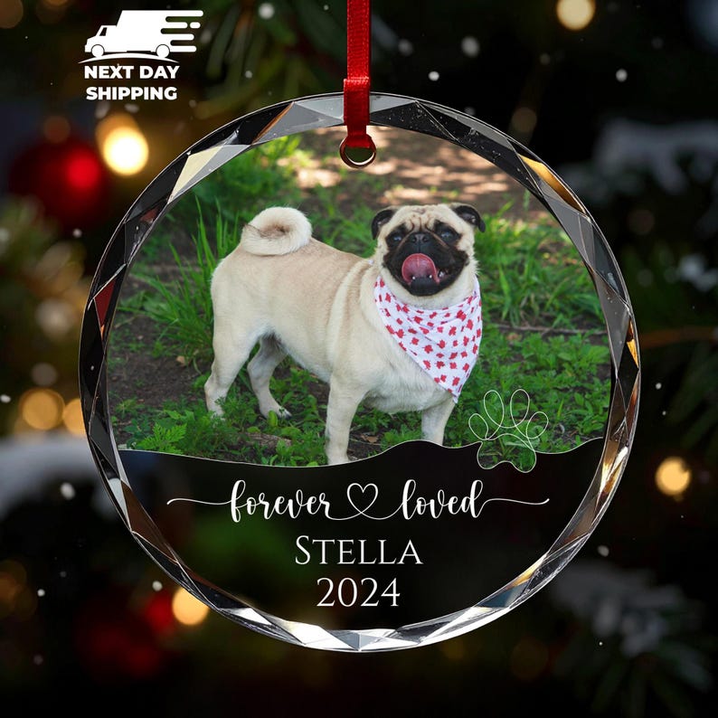 Forever Loved Pet Ornament, Custom Pet Photo Ornament, Pet Loss Tribute, Gift For Pet Owner, Pet Memorial Christmas Keepsake, Christmas Gift Glass Round