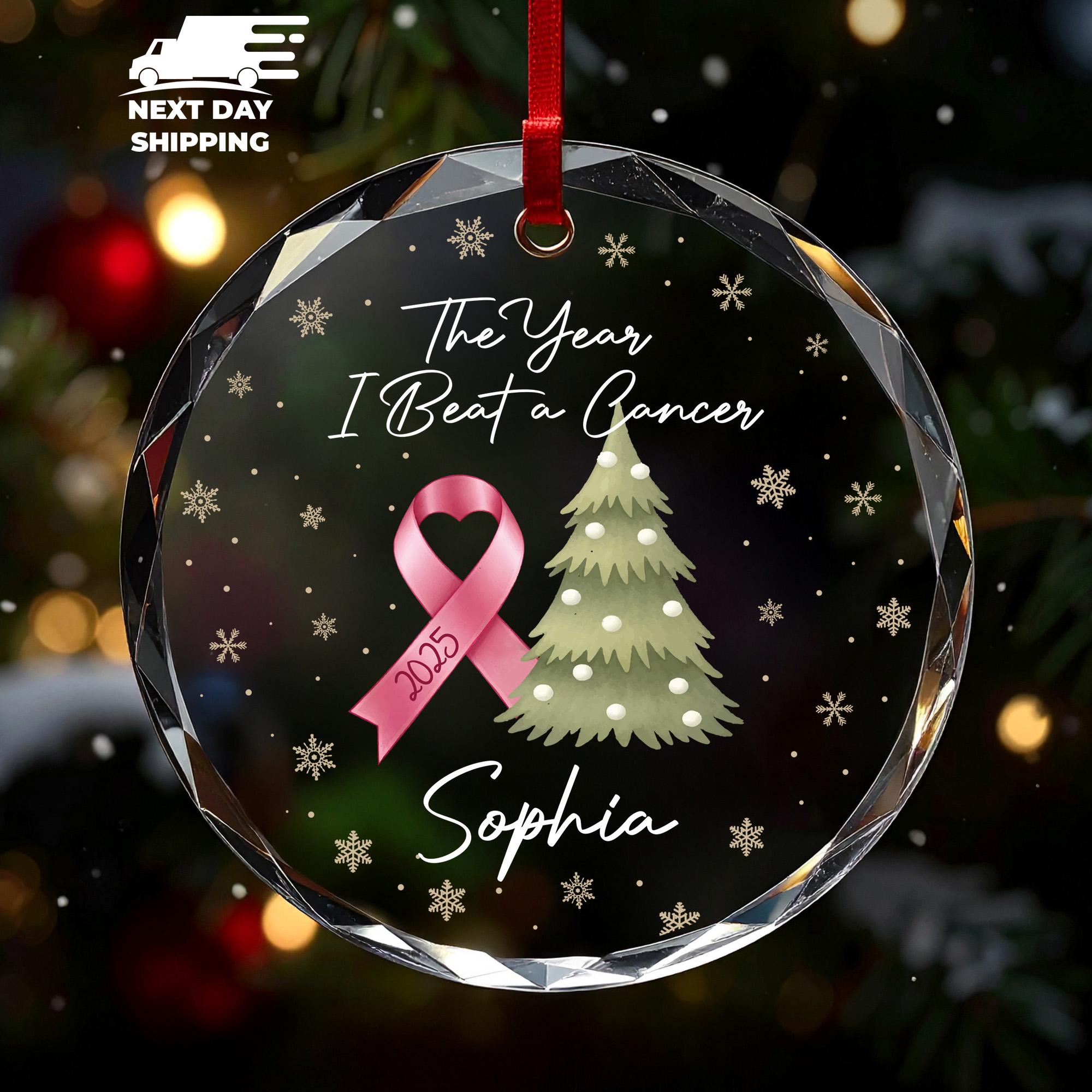 The Year I Beat Cancer Ornament, 2025 Cancer Survivor Gift, Pink Ribbon Ornament, Christmas Tree Decor, Cancer Name Keepsake, Gift for Her