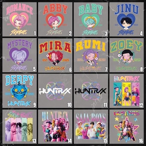 May include: A collection of sixteen graphic designs on a gray background. The designs feature cartoon characters, text, and logos. The text includes names like "Romance," "Abby," and "Baby," along with the logos "Saja Boys" and "Huntrx."