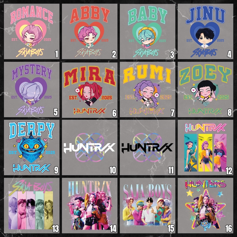 May include: A collection of sixteen graphic designs on a gray background. The designs feature cartoon characters, text, and logos. The text includes names like "Romance," "Abby," and "Baby," along with the logos "Saja Boys" and "Huntrx."