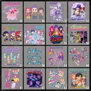 May include: A collection of graphic t-shirts with various designs. The designs include cartoon characters, text, and illustrations. The color palette is diverse, with shades of pink, blue, purple, and yellow. Some shirts feature the text "SAJA BOYS" and "HUNTRX".