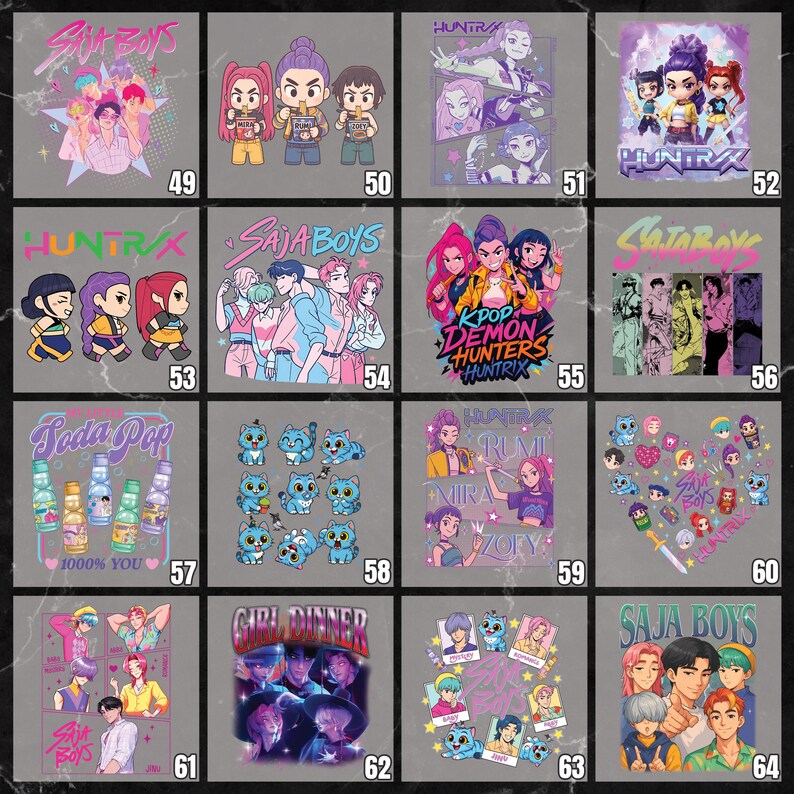 May include: A collection of graphic t-shirts with various designs. The designs include cartoon characters, text, and illustrations. The color palette is diverse, with shades of pink, blue, purple, and yellow. Some shirts feature the text "SAJA BOYS" and "HUNTRX".