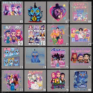 May include: A collection of graphic designs featuring various cartoon characters and text. The designs include images of cats, anime-style figures, and text such as "HUNTRIX" and "SAUBOYS". The color palette is diverse, with shades of blue, pink, and purple.