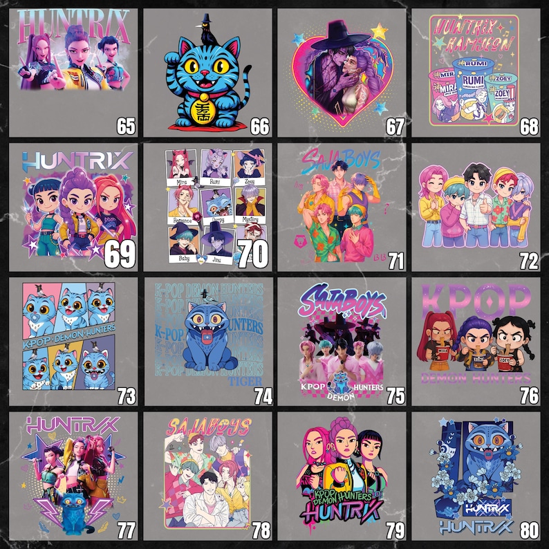 May include: A collection of graphic designs featuring various cartoon characters and text. The designs include images of cats, anime-style figures, and text such as "HUNTRIX" and "SAUBOYS". The color palette is diverse, with shades of blue, pink, and purple.