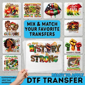 May include: A collection of DTF (Direct to Film) transfer designs with Juneteenth themes. Designs include text, fists, lips, and illustrations of shoes. The transfers are ready to apply and customizable.