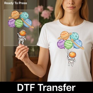 Planet Balloon Astronaut DTF Transfer, Kids Space Shirt Print, Cute Galaxy Heat Transfer, Ready to Press Design, Custom Baby Tee Print image 7