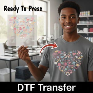 May include: A gray t-shirt featuring a heart-shaped graphic composed of school-themed icons like globes, books, and rainbows, with the text "Choose Kindness," "Learn," and "Back to School." A matching transparent DTF transfer sheet is also shown.