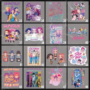 May include: A collection of 16 square graphics featuring colorful illustrations of a musical group, with the text "HUNTRAX" and "SAJA BOYS". Each graphic has a unique design, including portraits, group shots, and stylized art.