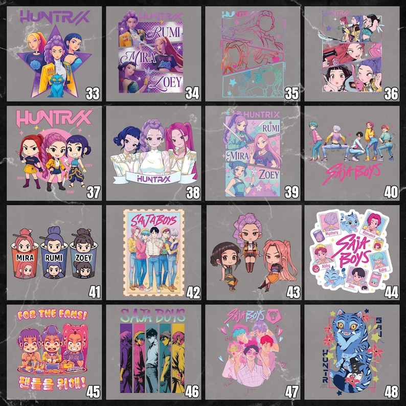 May include: A collection of 16 square graphics featuring colorful illustrations of a musical group, with the text "HUNTRAX" and "SAJA BOYS". Each graphic has a unique design, including portraits, group shots, and stylized art.