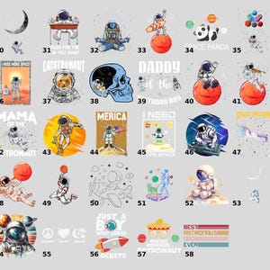 a collection of space-themed illustrations and designs, including astronaut suits, planets, and various celestial objects. The illustrations are diverse in style and size, showcasing a range of artistic interpretations of space exploration and adventure.