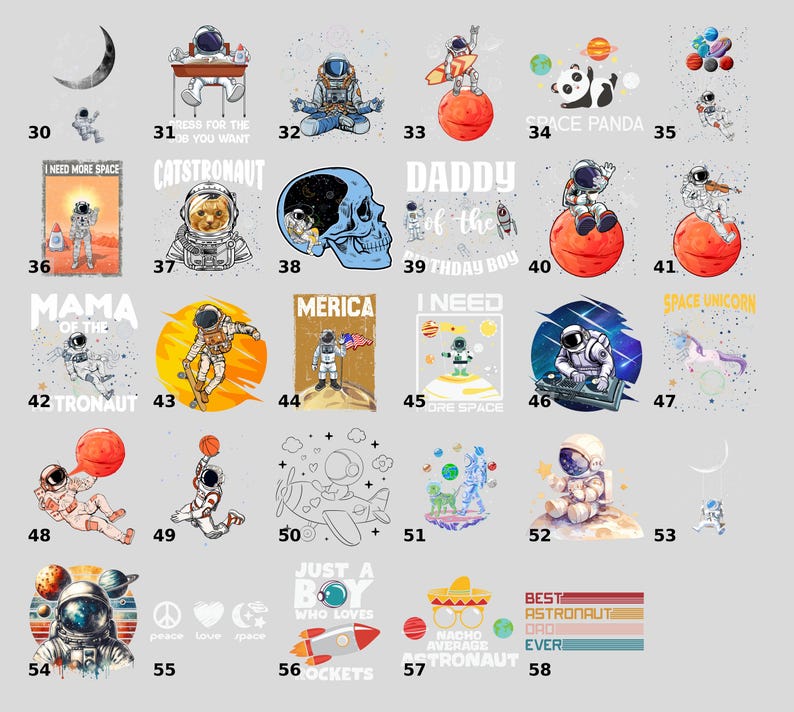 a collection of space-themed illustrations and designs, including astronaut suits, planets, and various celestial objects. The illustrations are diverse in style and size, showcasing a range of artistic interpretations of space exploration and adventure.