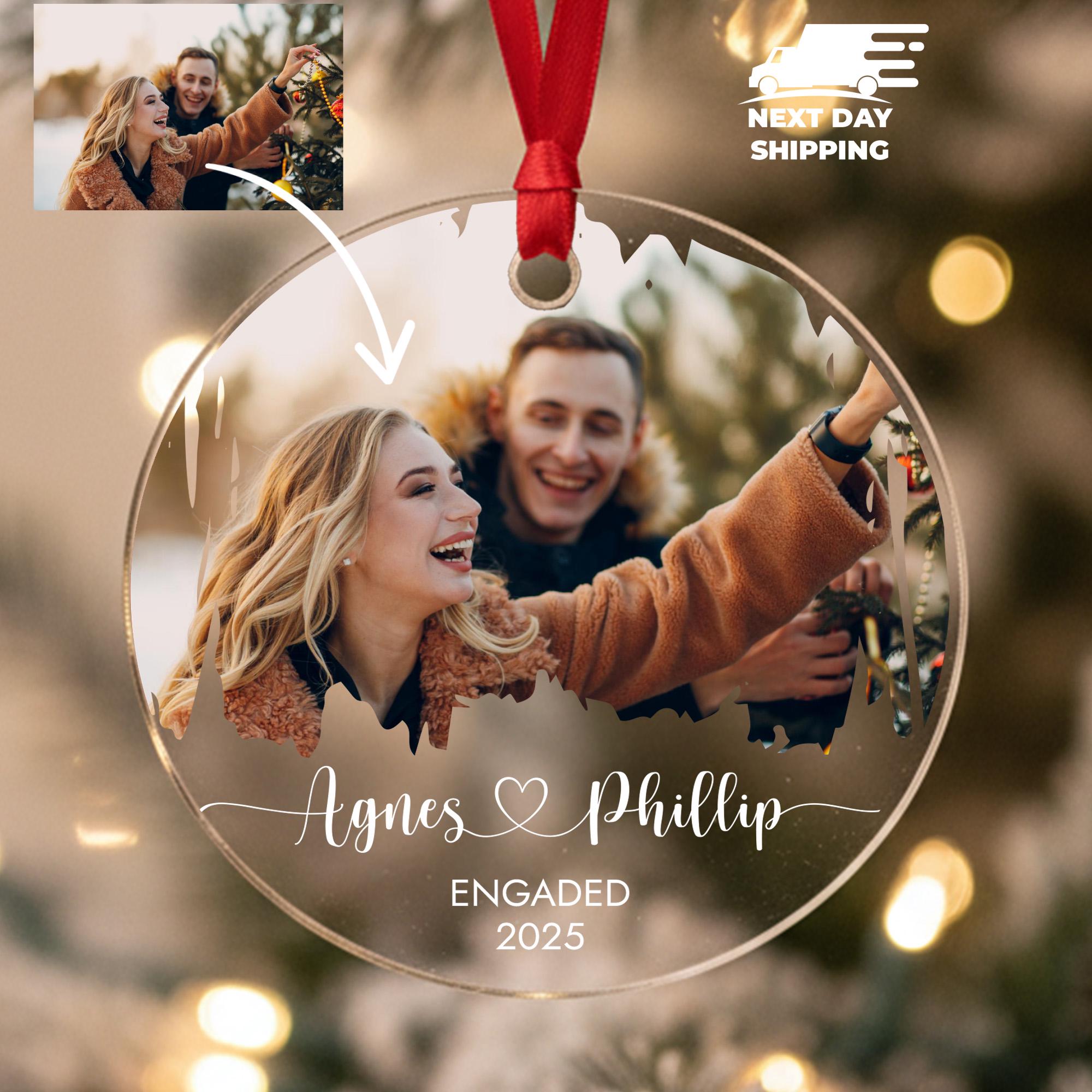 Couple Names and Photo Engaged Ornament, Engagement Picture Ornament, Personalized Couple Gifts, Newly Engaged Ornament, Xmas Ornament