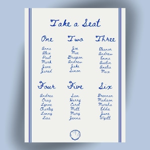 Blue Coastal Seashell Seating Chart Sign Template, Custom Template Seating Chart, Royal Blue Seating Chart, Coastal Wedding Template