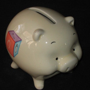 Initial &quot;O&quot; on side of Ceramic Russ Berrie Piggy Bank - Discontinued Design - For Baby or Toddlers - 3&quot; long