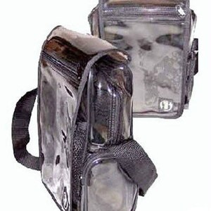May include: Two clear plastic bags with black straps and zippers. The bags are designed to be worn as a crossbody bag.
