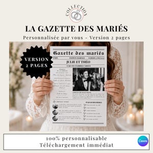 May include: A newspaper-style wedding announcement titled "La Gazette des Mari&eacute;s" held by a person. The announcement features the names Julie and Th&eacute;o, with a photo of the couple. Text includes "100% personnalisable" and "T&eacute;l&eacute;chargement imm&eacute;diat".