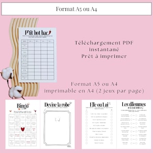 May include: Printable PDF games for A5 or A4 formats, including Bingo, "Guess the Dress," "He or She," and "The Bride Team's Dilemmas." The image also features a "P'tit hot bac" game. The games are ready to print.