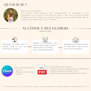 May include: A digital product image with text in French, including "QUI SUIS-JE?" and "ACC&Eacute;DER &Agrave; MES FICHIERS." It features a photo of a woman, Canva and PDF logos, and instructions for accessing files after purchase. The image is designed for event planning.