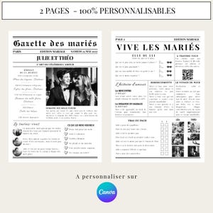 May include: A two-page wedding announcement template with the headline "Gazette des mari&eacute;s" and "Vive les mari&eacute;s." The design includes photos, text, and a Canva logo, offering customization options for a personalized wedding keepsake.