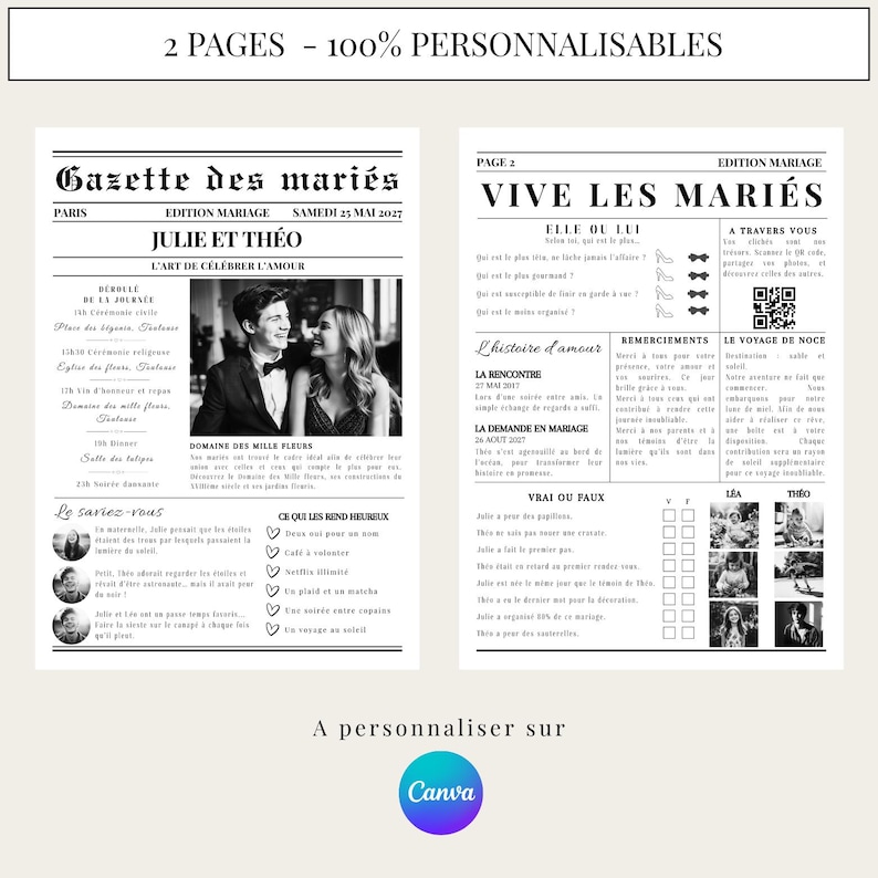 May include: A two-page wedding announcement template with the headline "Gazette des mari&eacute;s" and "Vive les mari&eacute;s." The design includes photos, text, and a Canva logo, offering customization options for a personalized wedding keepsake.