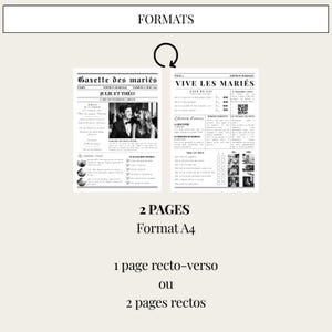 May include: A wedding newspaper design with the headline "Gazette des mari&eacute;s" and "Vive les mari&eacute;s". The design includes a photo of a couple, text, and a format description. The text includes "JULIE ET TH&Eacute;O" and "Format A4".