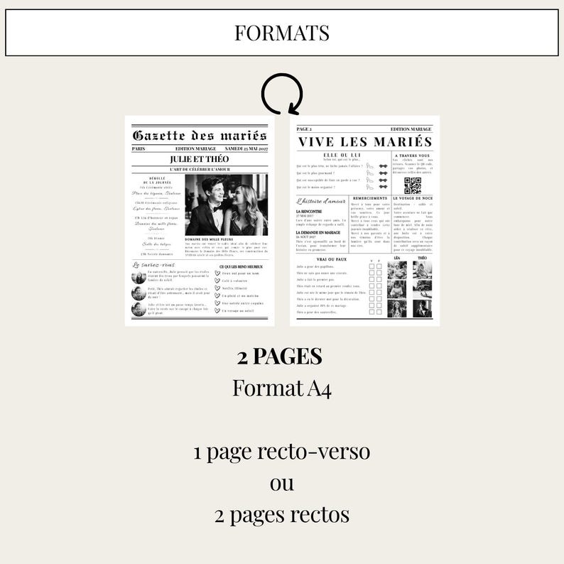 May include: A wedding newspaper design with the headline "Gazette des mari&eacute;s" and "Vive les mari&eacute;s". The design includes a photo of a couple, text, and a format description. The text includes "JULIE ET TH&Eacute;O" and "Format A4".