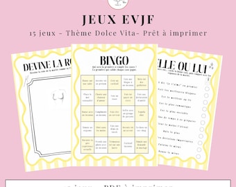 May include: Three printable game sheets with a yellow and white striped border. The games are titled "Devine La Rob", "Bingo", and "Elle Ou Lui", with French text. The image also includes the text "JEUX EVJF" at the top.