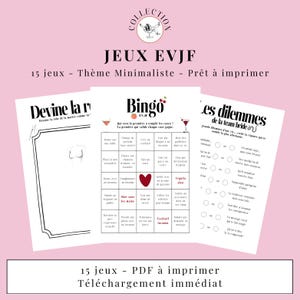 May include: Pink-themed printable games for a bachelorette party. The image features three sheets with game titles like "Bingo" and "The Bride's Dilemmas." Text includes "15 games - Minimalist Theme - Ready to print."