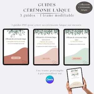 Peut inclure: Guides numériques pour une cérémonie laïque, comprenant 3 guides PDF et un modèle personnalisable. Les guides couvrent la conception de la cérémonie, l'histoire du couple et les rituels des rubans. Le logo Canva est également présent.