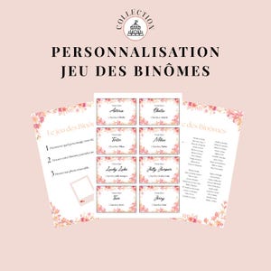 Peut inclure: Un ensemble de cartes de jeu imprimables avec une bordure florale et le texte "COLLECTION", "PERSONNALISATION JEU DES BINOMES", "Le jeu des Binômes", ainsi que divers noms de personnages comme "Asterix", "Obelix", "Tintin" et "Milou".