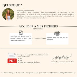 May include: A webpage in French with the text "QUI SUIS-JE?" and "ACC&Eacute;DER &Agrave; MES FICHIERS APR&Egrave;S ACHAT." It includes a photo of a woman, PDF icons, and the word "memories." Instructions are given for downloading and printing files.