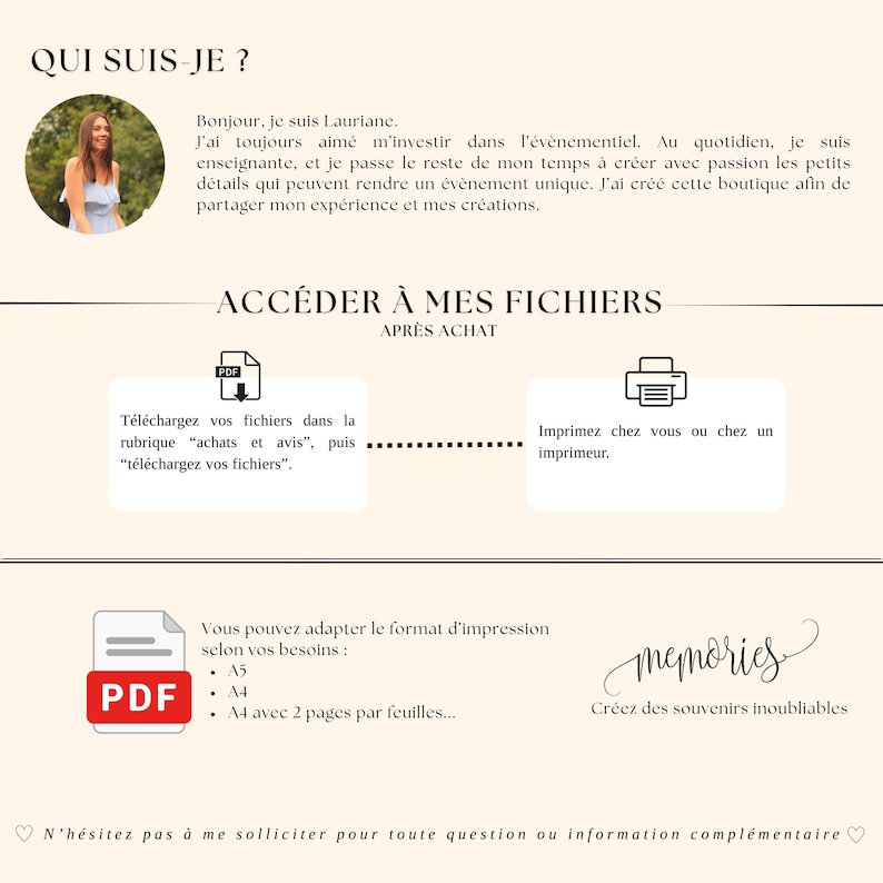 May include: A webpage in French with the text "QUI SUIS-JE?" and "ACC&Eacute;DER &Agrave; MES FICHIERS APR&Egrave;S ACHAT." It includes a photo of a woman, PDF icons, and the word "memories." Instructions are given for downloading and printing files.
