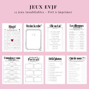 May include: A selection of printable bridal shower games on a pink background. The games include Bingo, "Guess the Dress", "He or She", "The Dilemmas of the Bride's Team", "Know the Bride", "Draw Me the Portrait", "Photo Challenges", and "Who of Us?"