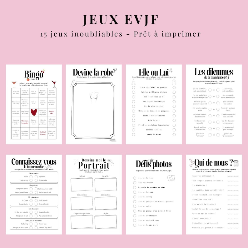 May include: A selection of printable bridal shower games on a pink background. The games include Bingo, "Guess the Dress", "He or She", "The Dilemmas of the Bride's Team", "Know the Bride", "Draw Me the Portrait", "Photo Challenges", and "Who of Us?"