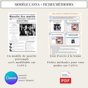 May include: A black and white wedding newspaper template with the headline "Gazette des mari&eacute;s" and the names "Julie et Th&eacute;o." The image includes instructions for use, a Canva logo, and a PDF icon. The text says the template is 100% modifiable.