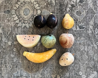Vintage Italian Alabaster Marble Stone Fruit Collection — Set of 7 | Hand Carved | Bowl Filler | Cottagecore Home Decor | Faux Fruit Figurin