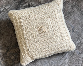 Vintage Cream Crochet Pillow Starburst Needlework Cushion, Velvet Back, Farmhouse Decor