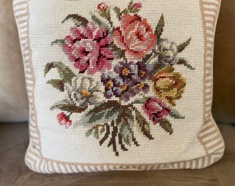 Vintage Floral Needlepoint Pillow – Hand Stitched Wool Bouquet, Velvet Back 14”