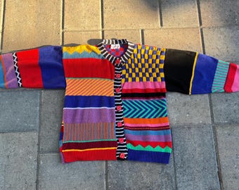 Christine Foley Intarsien-Strickcardigan | Baumwollpullover im Colorblock-Stil der 80er und 90er Jahre