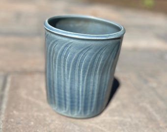 Signed 1978 Studio Pottery Vase Vessel — Blue Gray Crackle Glaze, Carved Wave Texture, Handmade Art Pottery