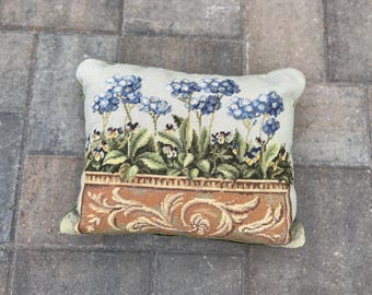 Vintage Needlepoint Pillow | Forget-Me-Not & Pansy Floral Garden | Green Velvet Back | Cottage Core Accent Pillow 19x14”
