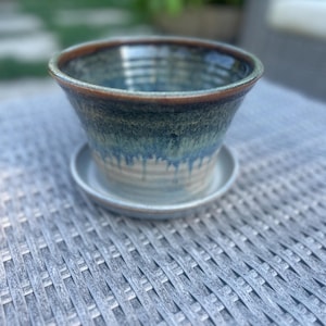 Ceramic Drip Glaze Planter with Saucer - Blue and Brown