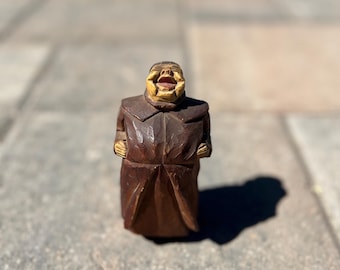 Vintage Hand Carved Wood Laughing Monk Friar Figurine | Folk Art Wood Carving | European Religious Figure | Polychrome Painted | Collectible