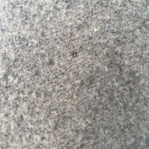 Op de afbeelding: Een close-up van een grijs viltwollen oppervlak met een dichte, matte textuur. Het materiaal vertoont een gem&ecirc;leerd uiterlijk met variaties in licht- en donkergrijze vezels, inclusief een klein, donker, cirkelvormig gaatje in de stof.
