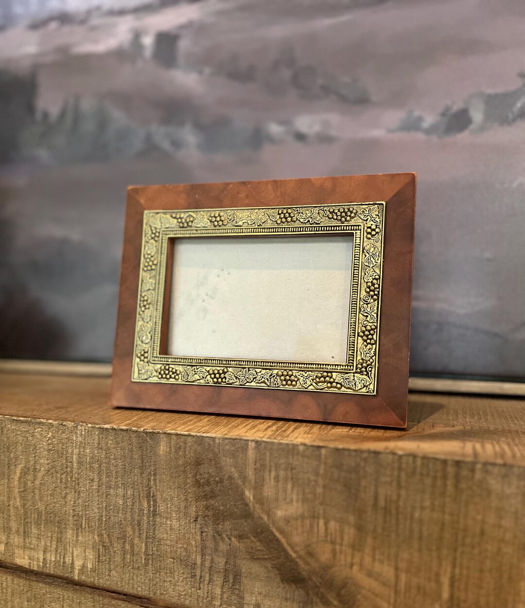 Penshell Frame Vintage Wood & Brass Picture Frame — Embossed Grapevine Border, Easel ...