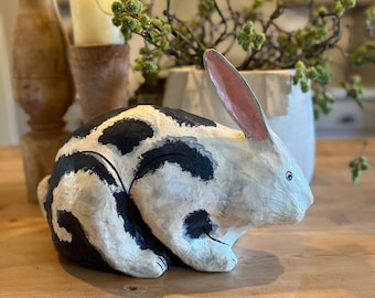 Large Vintage Papier-Mâché Rabbit Figurine | Hand-Painted Black & White Folk Art Bunny | 13" Farmhouse Easter Decor | Primitive Cottagecore