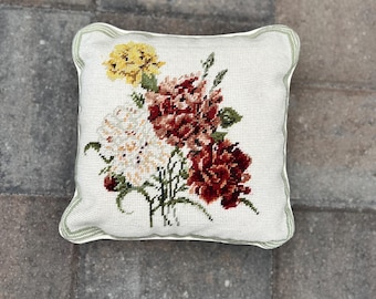 Vintage Rose Needlepoint Pillow, 12×12 — Crimson, White & Yellow Roses Bouquet, Sage Detail Border, Zipper Back. Insert included.