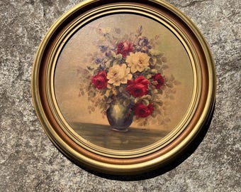 Maurice Décamps Floral Still Life, Round Gilt Wood Frame, Vintage Art