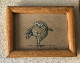 Framed Whimsical Owl Sketch | 6.5 x 8.5 Inch Hand Drawn Balancing Owl Art | Signed Owl Illustration in Natural Wood Frame